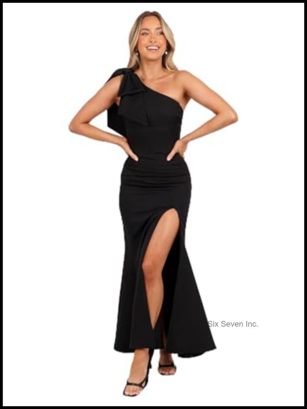 One Shoulder Midi Dress Fit & Flare Sleeveless High Waist Polyester Spandex